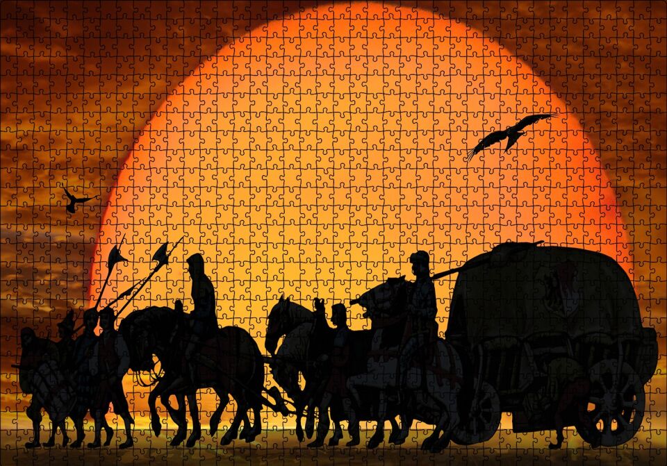 Günbatımında Kervan Silüeti ve Akbabalar Puzzle Yapboz MDF Ahşap 1000 Parça 49 cm X 68 cm
