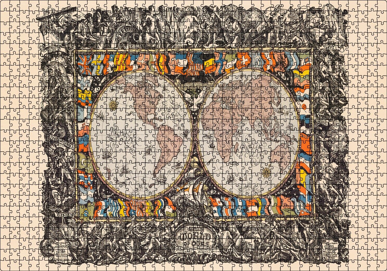 Dünya Haritası Ülke Bayrakları Ve Tarihi Figür Görseli Puzzle Yapboz MDF Ahşap 1000 Parça 49 cm X 68 cm
