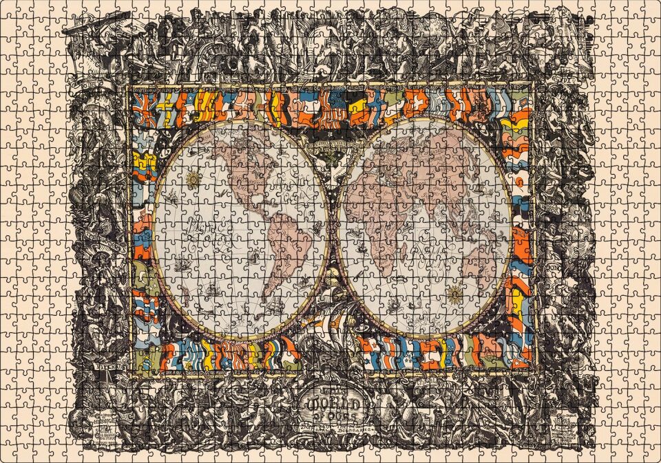 Dünya Haritası Ülke Bayrakları Ve Tarihi Figür Görseli Puzzle Yapboz MDF Ahşap 1000 Parça 49 cm X 68 cm