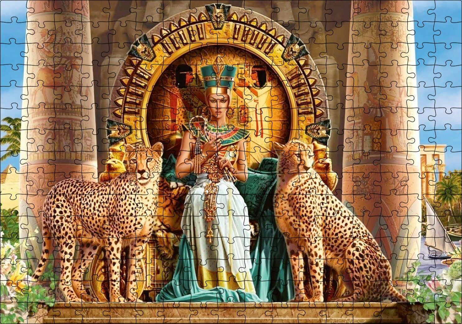 Antik Mısır'da Nefertiti ve Tahtın Yanında Çitalar Puzzle Yapboz MDF Ahşap 255 Parça 34 cm X 49 cm