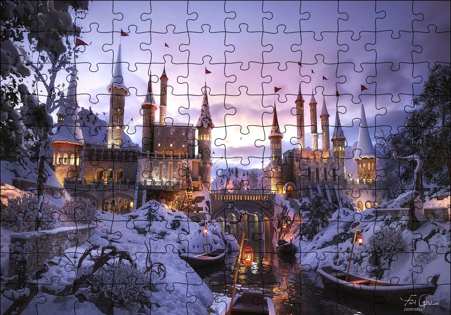 Karlı Nehir Köprü ve Tarihi Kale Puzzle Yapboz MDF Ahşap