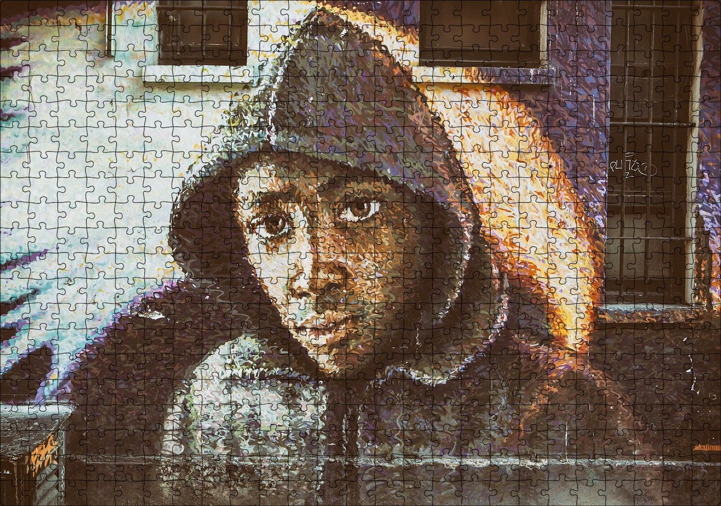 Kapşonlu Siyahi Çocuk Duvar Boyama Puzzle Yapboz MDF Ahşap 500 Parça 49 cm X 68 cm