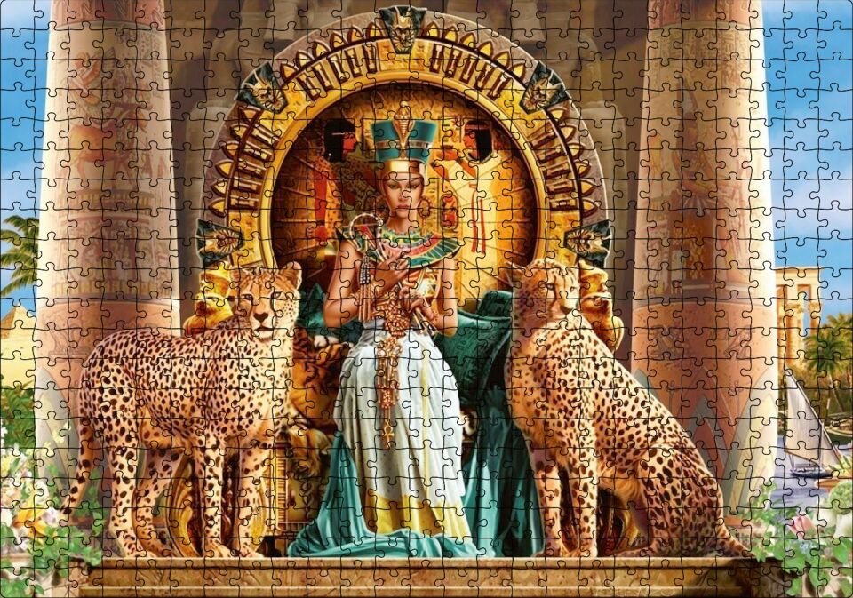 Antik Mısır'da Nefertiti ve Tahtın Yanında Çitalar Puzzle Yapboz MDF Ahşap 500 Parça 49 cm X 68 cm