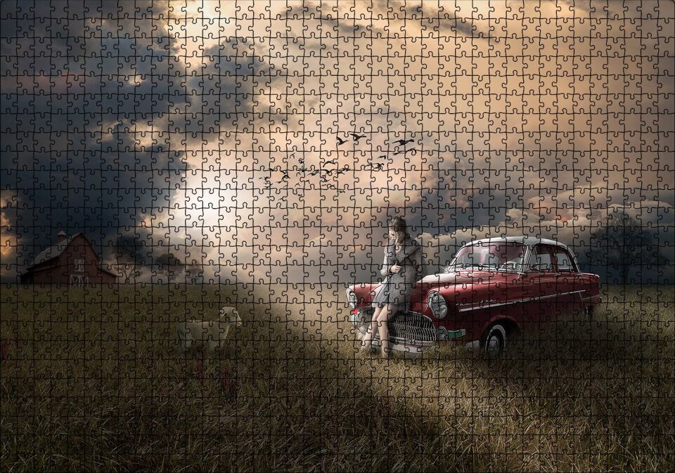 Günbatımında Kız Araba Kuzu ve Bulutlu Gökler Puzzle Yapboz MDF Ahşap 1000 Parça 49 cm X 68 cm