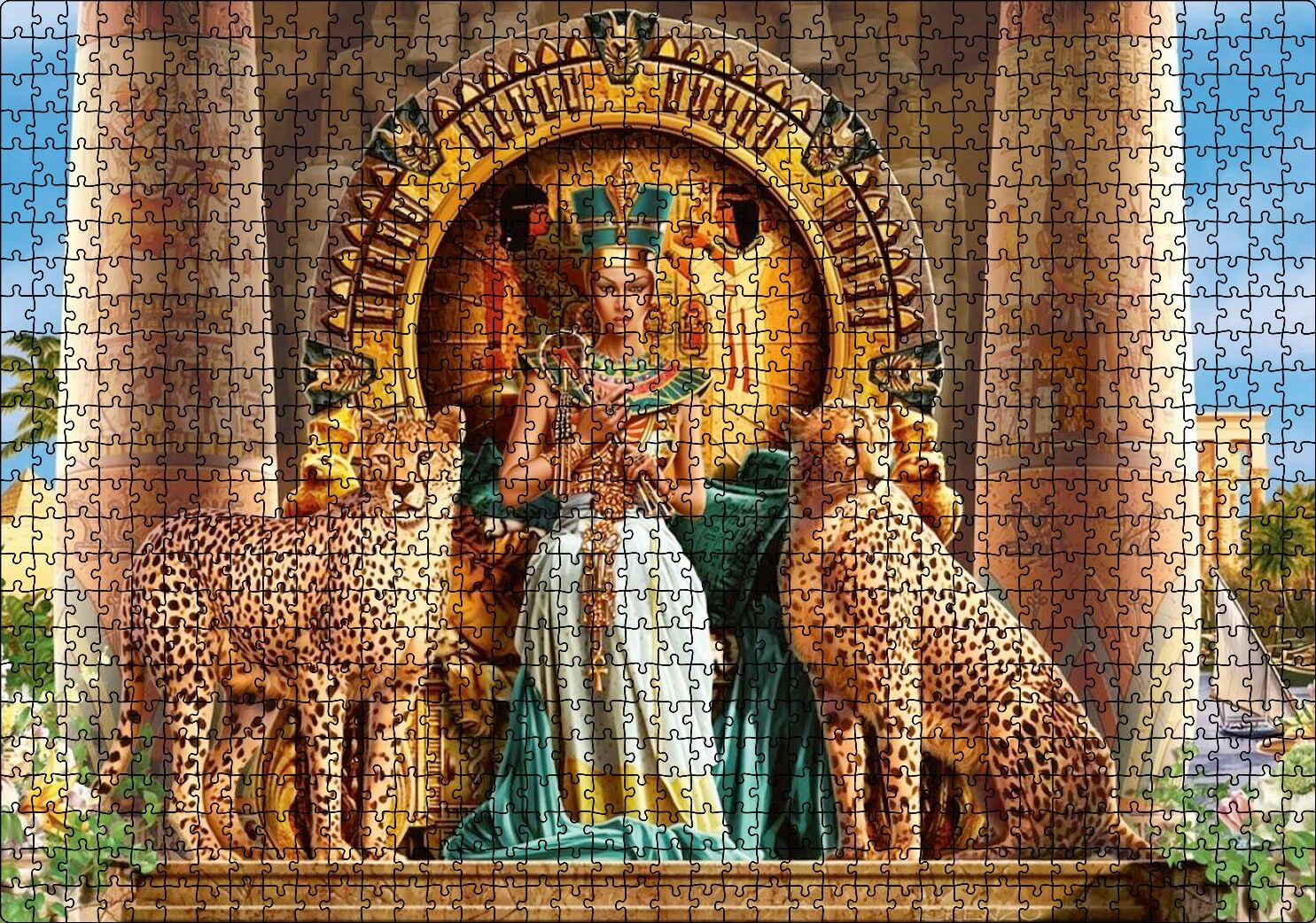 Antik Mısır'da Nefertiti ve Tahtın Yanında Çitalar Puzzle Yapboz MDF Ahşap 1000 Parça 49 cm X 68 cm