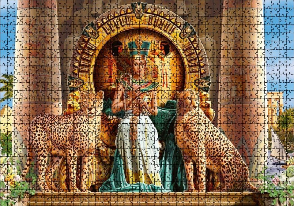 Antik Mısır'da Nefertiti ve Tahtın Yanında Çitalar Puzzle Yapboz MDF Ahşap 1000 Parça 49 cm X 68 cm
