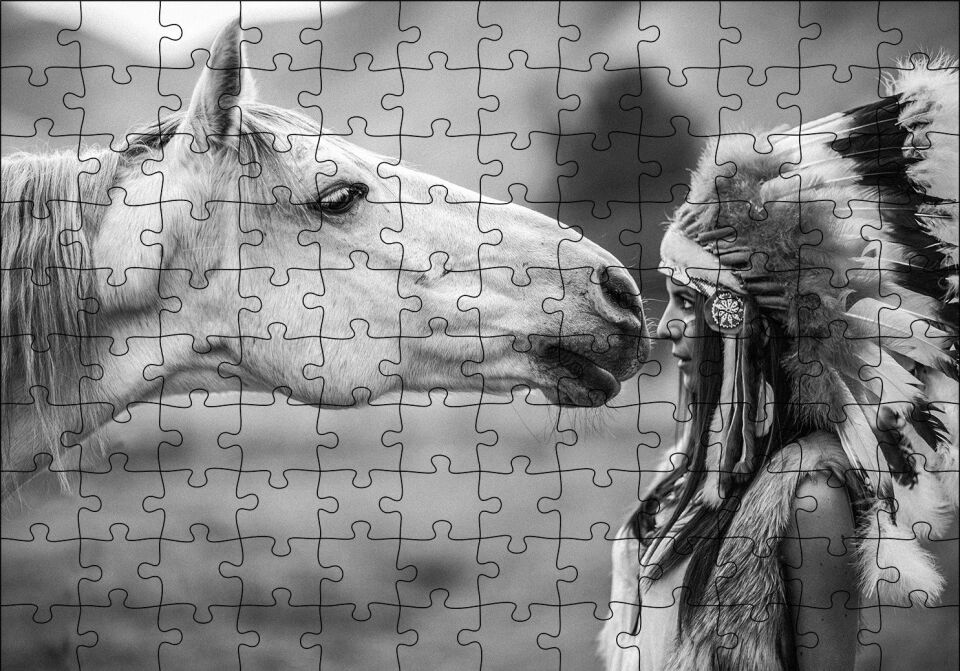 At ve Kızılderili Puzzle Yapboz MDF Ahşap