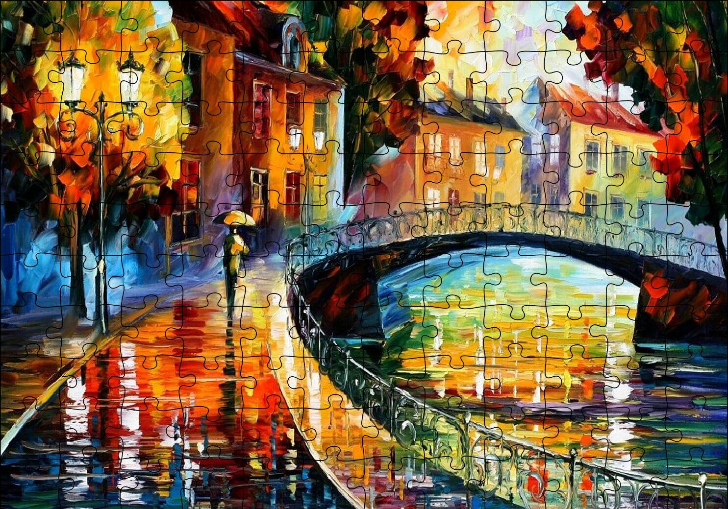 Şemsiyeli Adam ve Köprü Yağlı Boya Puzzle Yapboz MDF Ahşap 120 Parça 24 cm X 34 cm
