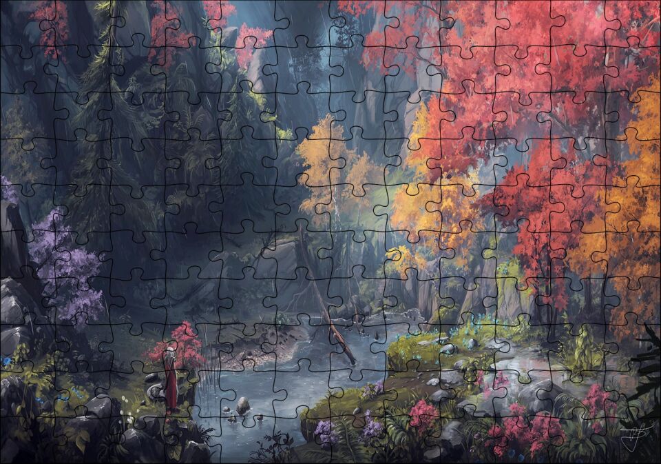 Dijital Sanat Manzara Orman Dere Görseli Puzzle Yapboz MDF Ahşap