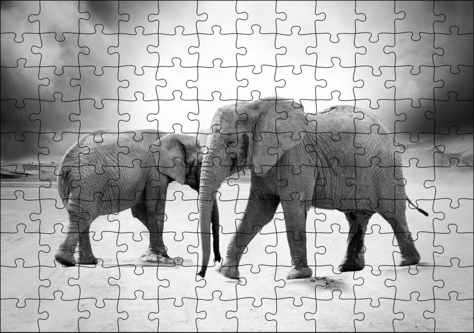 Savanada İki Fil ve Bulutlu Gökyüzü Monokrom Puzzle Yapboz MDF Ahşap 120 Parça 24 cm X 34 cm