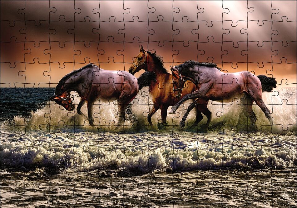 Kumsaldaki Atlar Puzzle Yapboz MDF Ahşap
