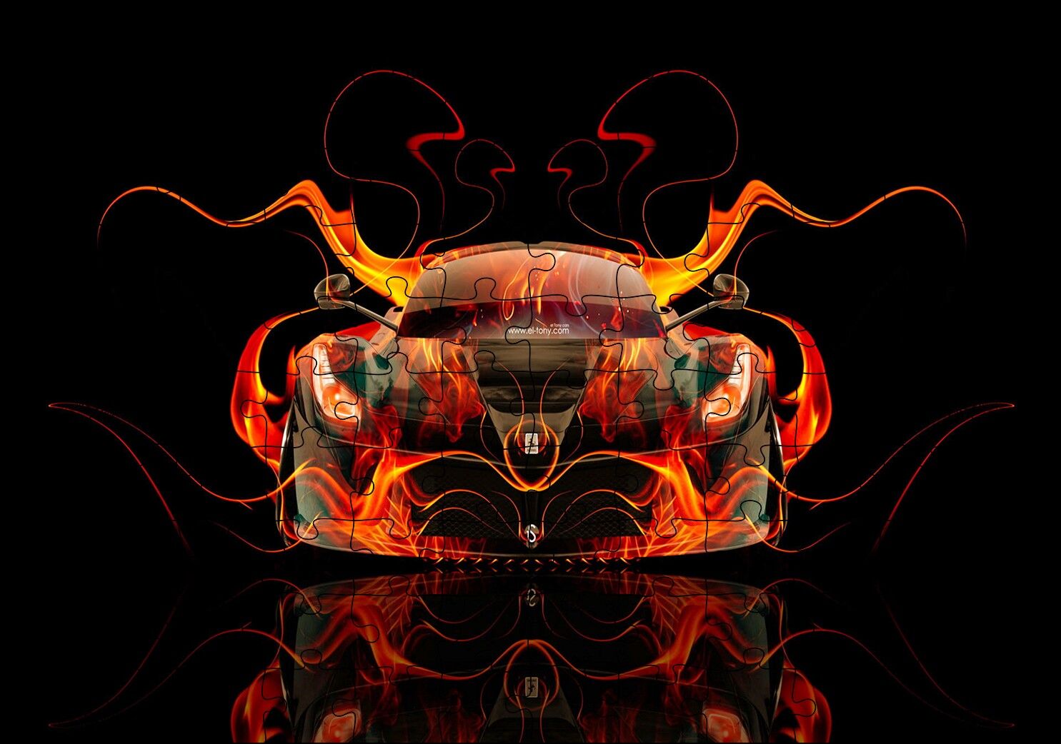 Dijital Tasarım Alev Ve Spor Araba Görseli Puzzle Yapboz MDF Ahşap