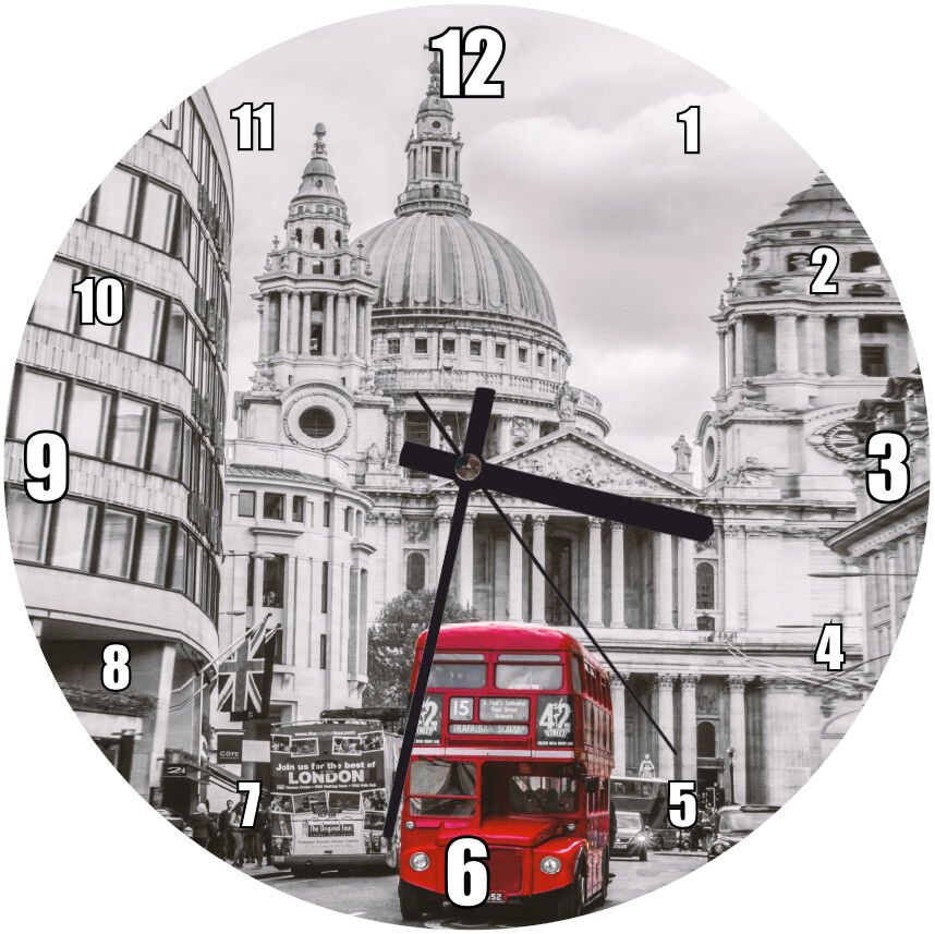 Siyah Beyaz Londra ve Kırmızı Otobüs Mdf Ahşap Duvar Saati 50 cm Çap