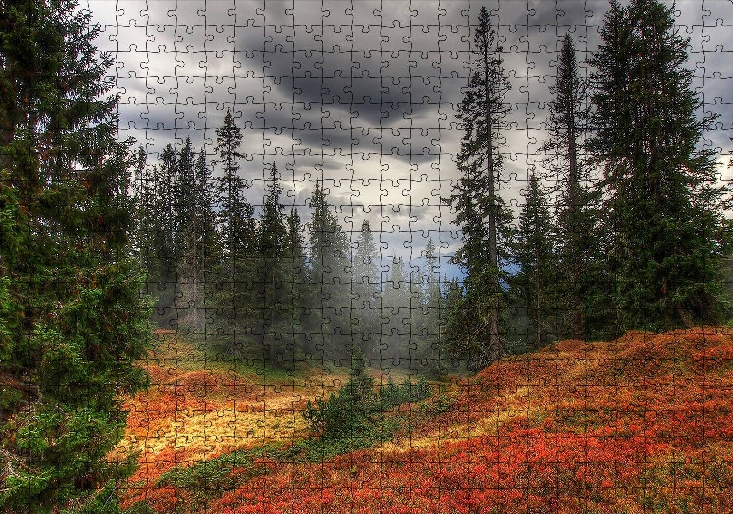 Orman Kara Bulutlar Turuncu Çiçekler Puzzle Yapboz MDF Ahşap 500 Parça 49 cm X 68 cm