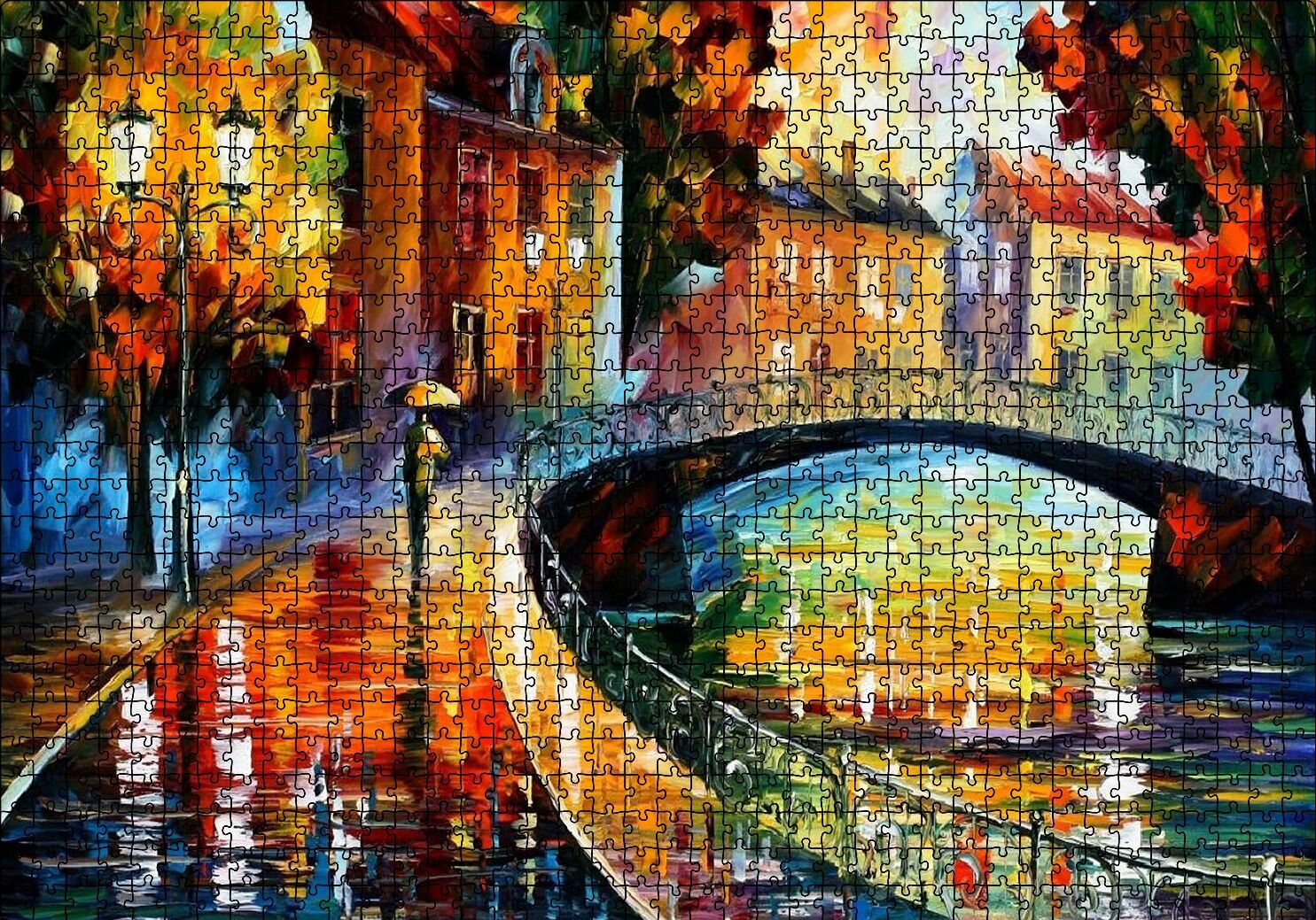 Şemsiyeli Adam ve Köprü Yağlı Boya Puzzle Yapboz MDF Ahşap 1000 Parça 49 cm X 68 cm