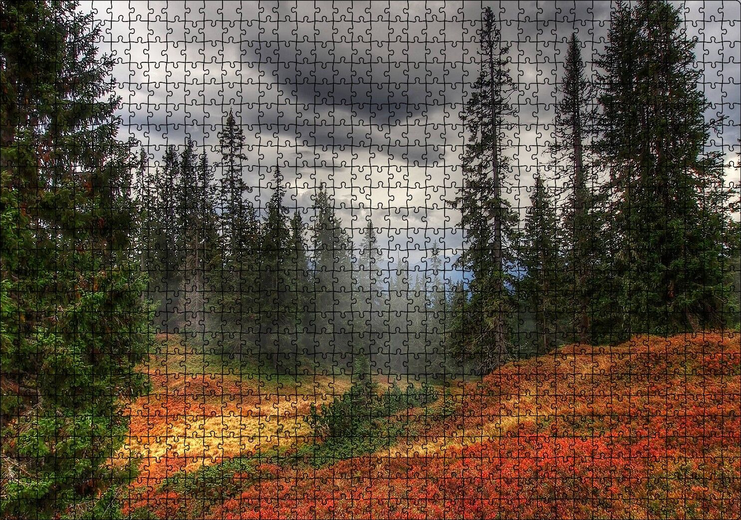 Orman Kara Bulutlar Turuncu Çiçekler Puzzle Yapboz MDF Ahşap 1000 Parça 49 cm X 68 cm