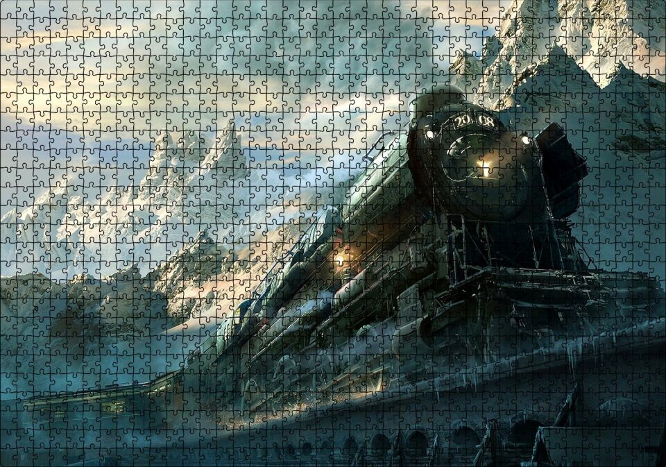 Karlı Dağlar Arasında Yol Alan Buharlı Tren Puzzle Yapboz MDF Ahşap 1000 Parça 49 cm X 68 cm