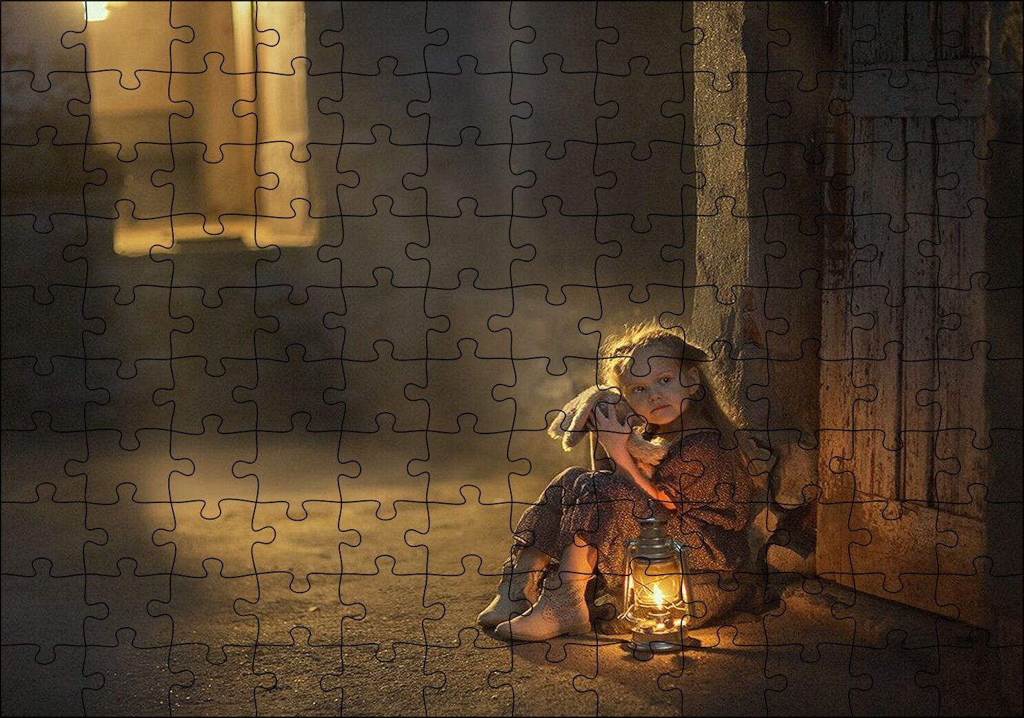 Eski Ev Kız Çocuğu Fener Oyuncak Görseli Puzzle Yapboz MDF Ahşap