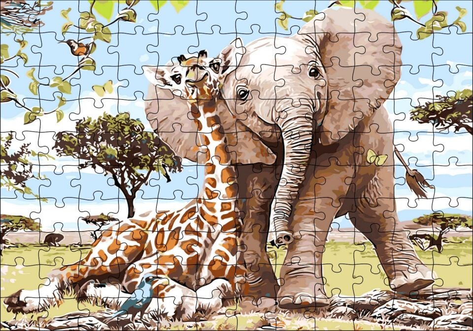 Zurafa Fil Karga Puzzle Yapboz MDF Ahşap