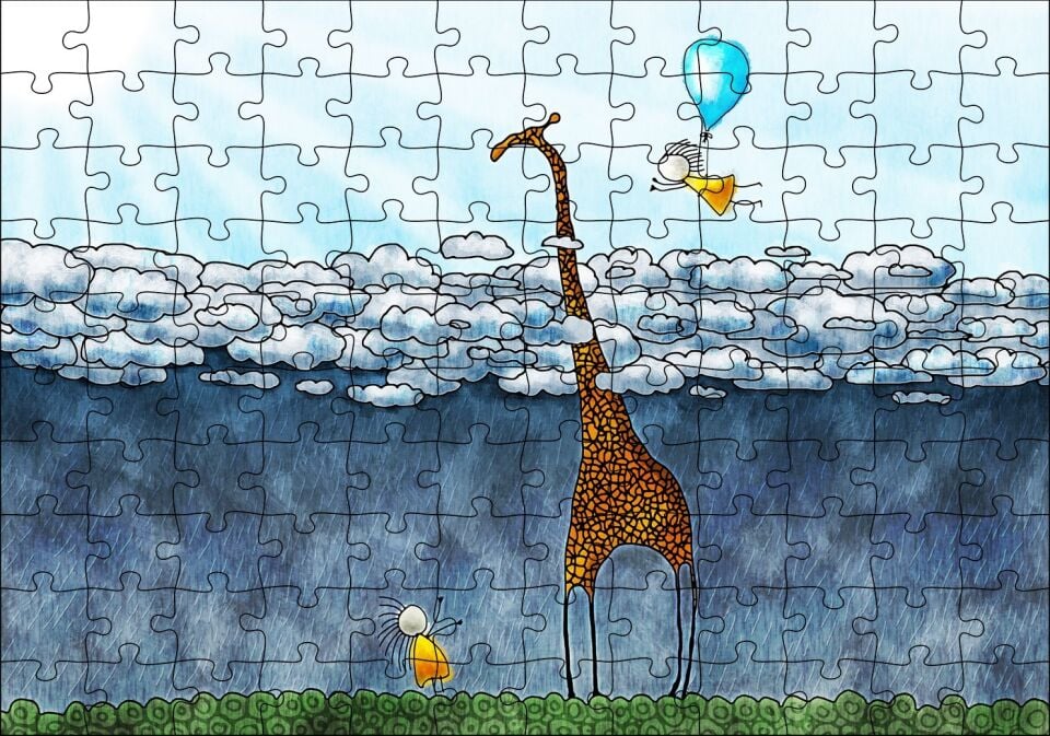 Zürafa İki Çocuk Bulutlar Boyama Sanat Eseri Puzzle Yapboz MDF Ahşap