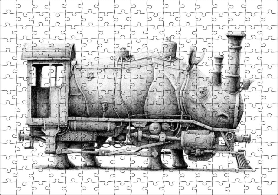 Gergedan ve Lokomotif Karışımı Kara Kalem Puzzle Yapboz MDF Ahşap 255 Parça 34 cm X 49 cm