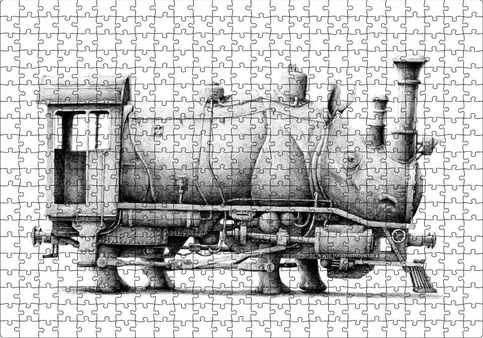 Gergedan ve Lokomotif Karışımı Kara Kalem Puzzle Yapboz MDF Ahşap 500 Parça 49 cm X 68 cm