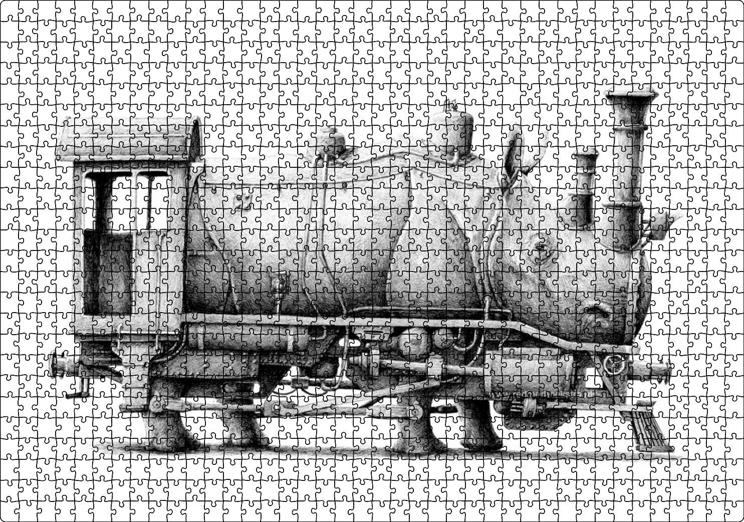 Gergedan ve Lokomotif Karışımı Kara Kalem Puzzle Yapboz MDF Ahşap 1000 Parça 49 cm X 68 cm