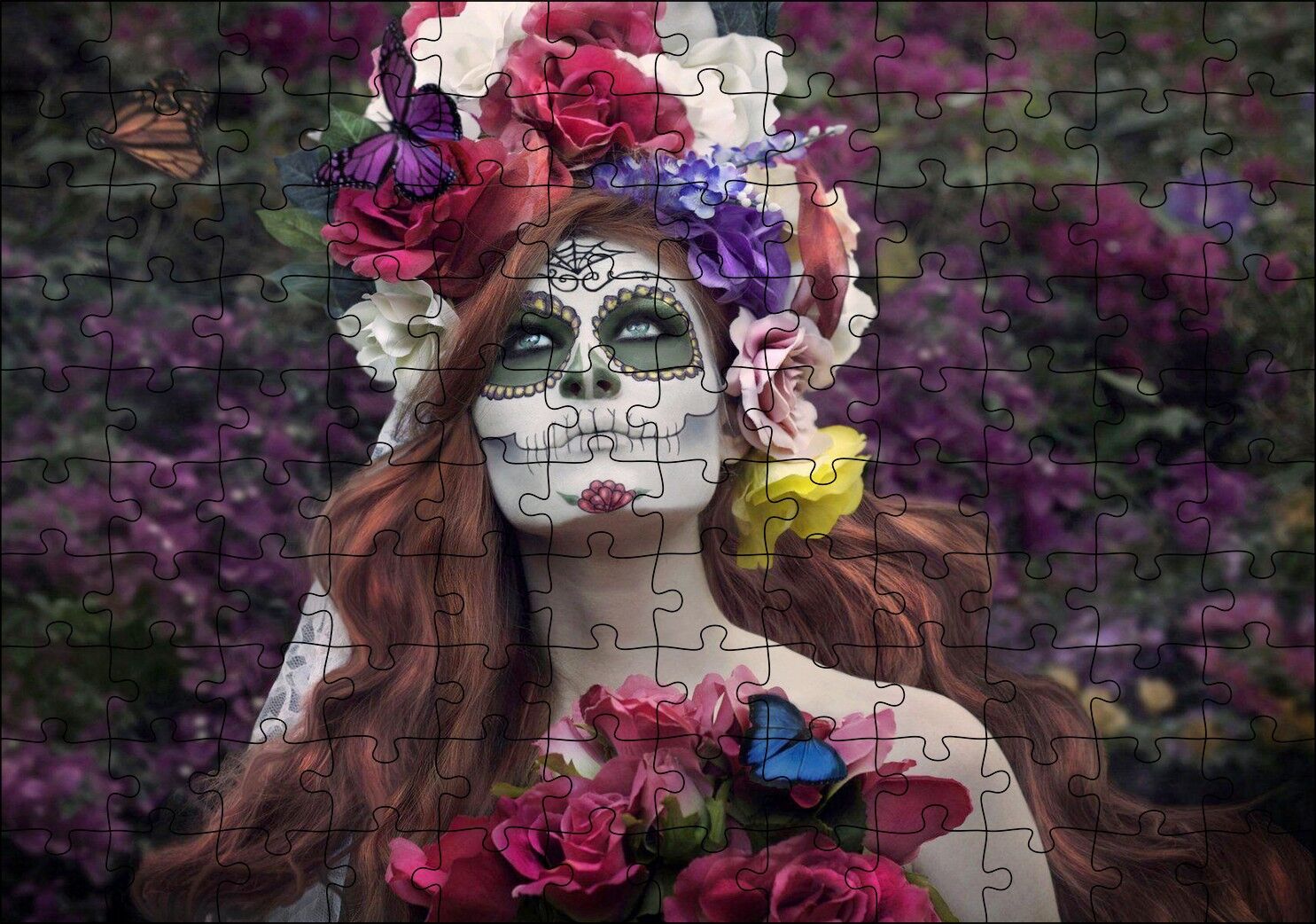 Ölülerin Günü Kadın Çiçekler ve Kelebekler Puzzle Yapboz MDF Ahşap