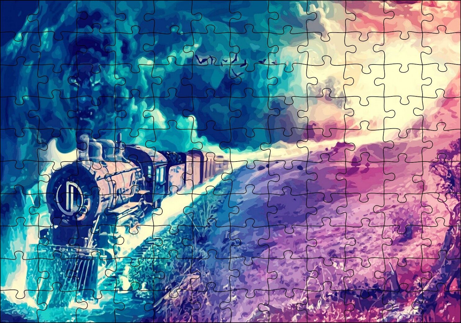 Fantazi Sanat Tren Duman Ve Kuşlar Görseli Puzzle Yapboz MDF Ahşap
