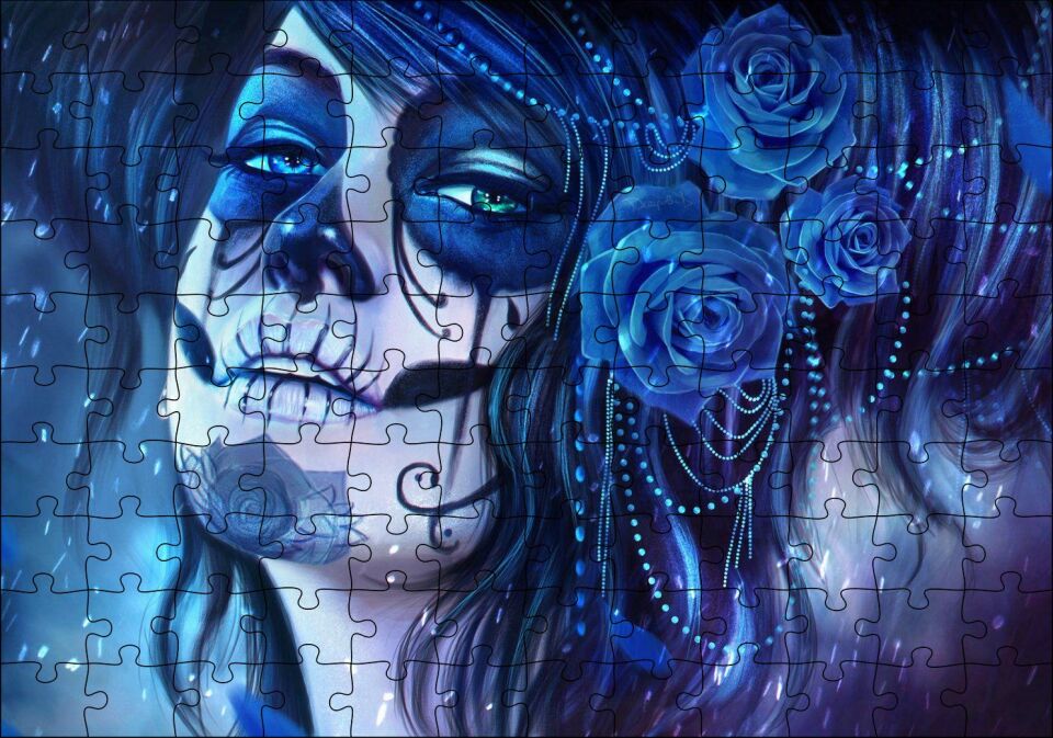 Ölülerin Günü Lacivert Güller ve Boyalar Puzzle Yapboz MDF Ahşap