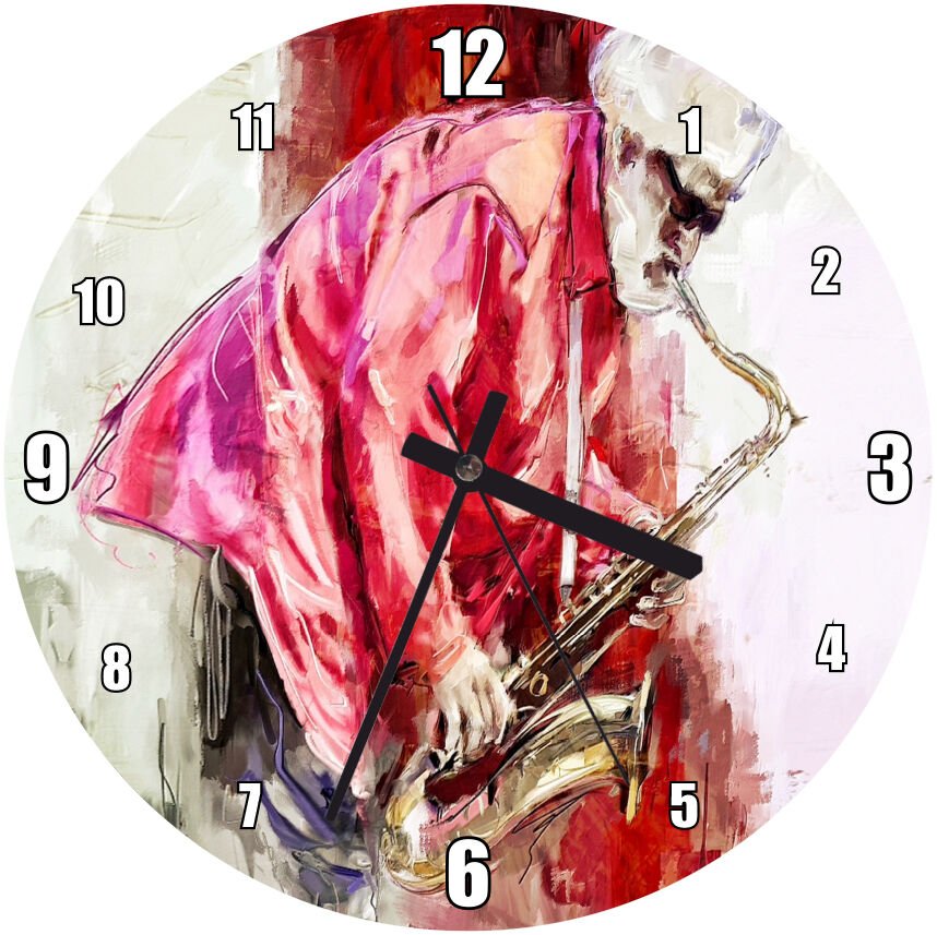 Yağlı BoyaSaksafon İle Yaşlı Caz Sanatçısı Görseli Mdf Ahşap Duvar Saati