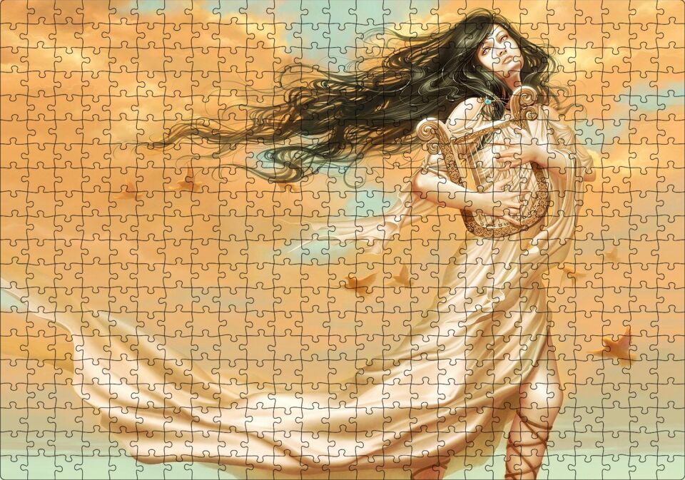 Lir Çalan Mistik Kız ve Kuşlar Puzzle Yapboz MDF Ahşap 500 Parça 49 cm X 68 cm