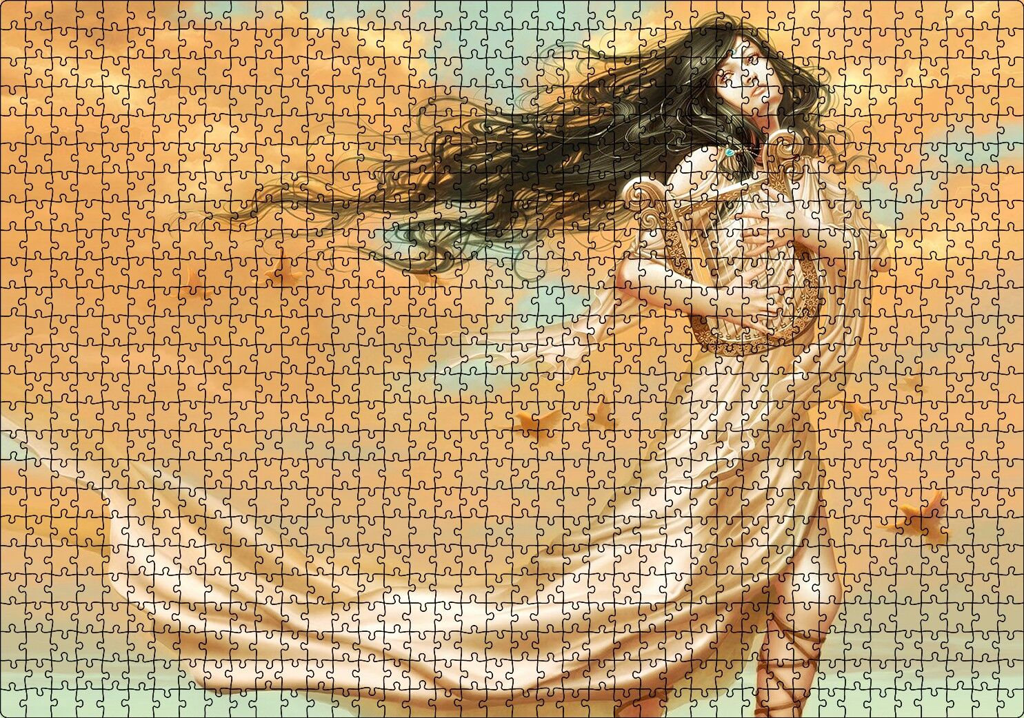 Lir Çalan Mistik Kız ve Kuşlar Puzzle Yapboz MDF Ahşap 1000 Parça 49 cm X 68 cm