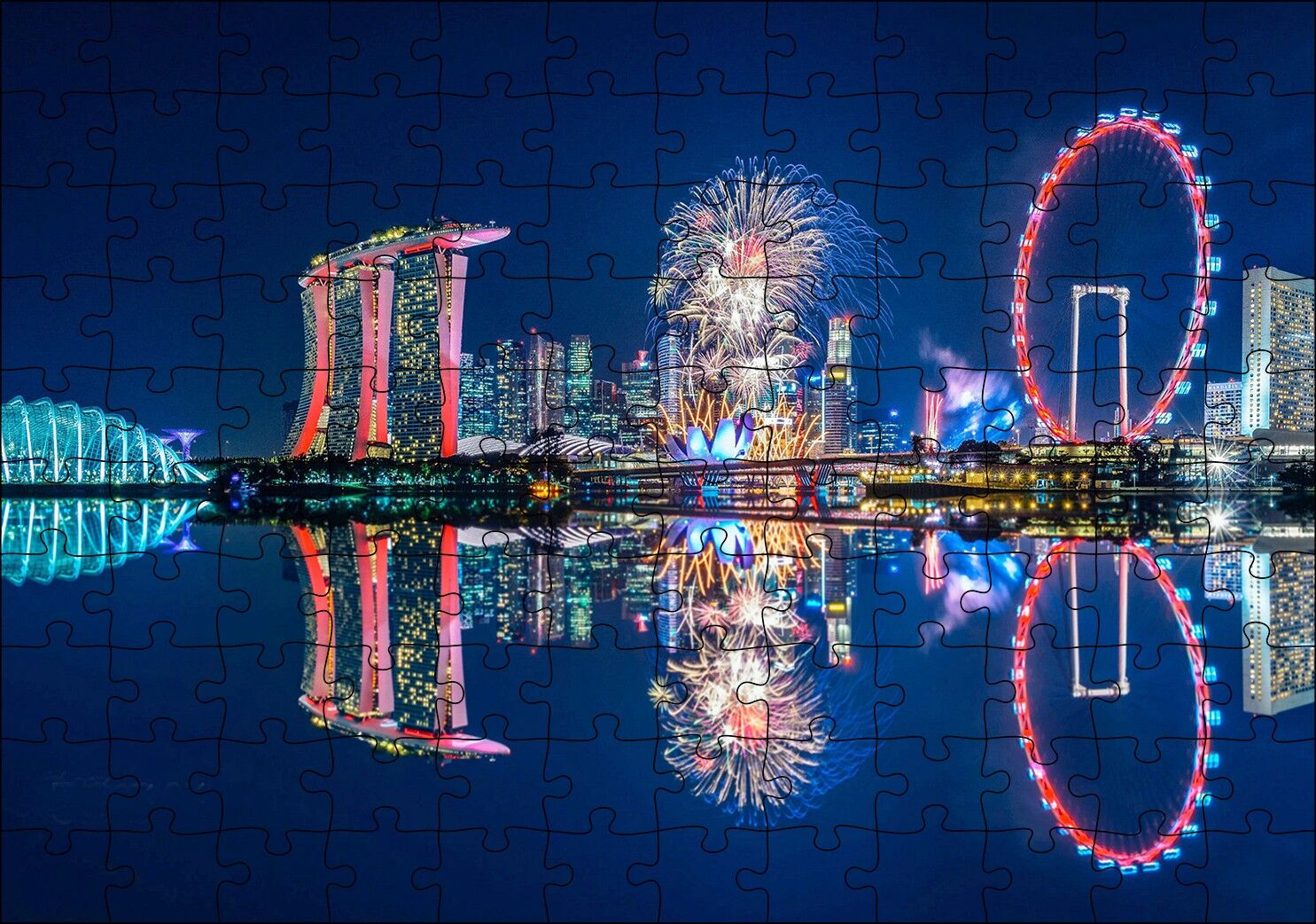 Malezya Singapur Gökdelenler ve Gece Yansımaları Puzzle Yapboz MDF Ahşap 120 Parça 24 cm X 34 cm