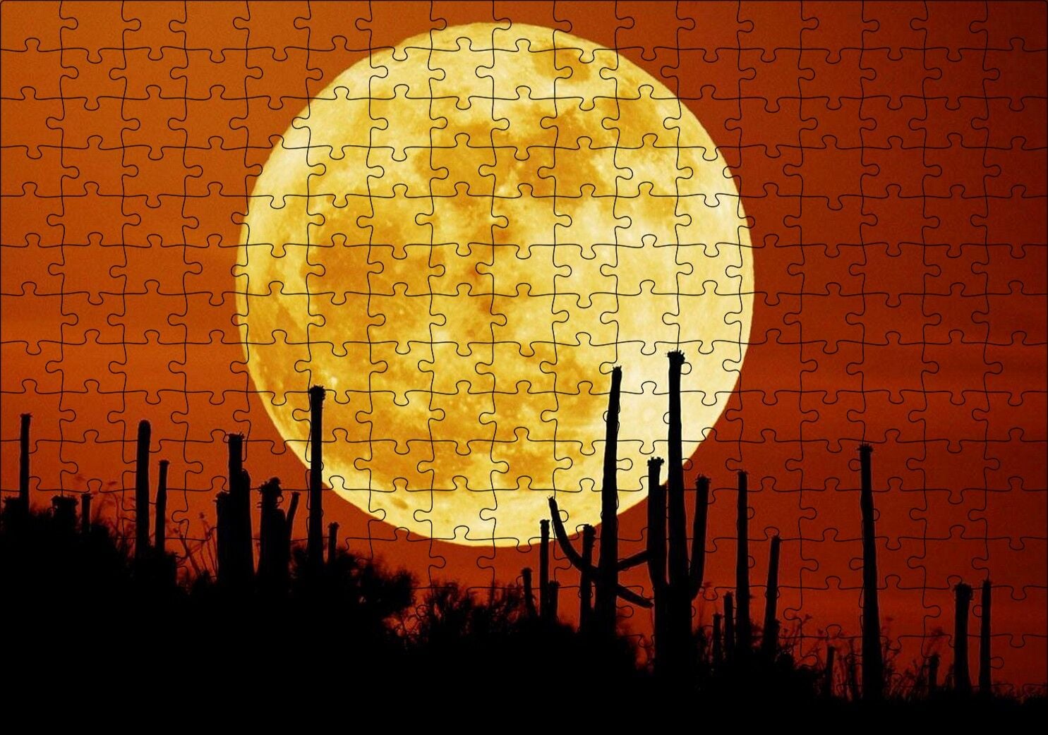 Arizona'da Kaktüsler ve Arkada Muhteşem Süper Ay Puzzle Yapboz MDF Ahşap 255 Parça 34 cm X 49 cm