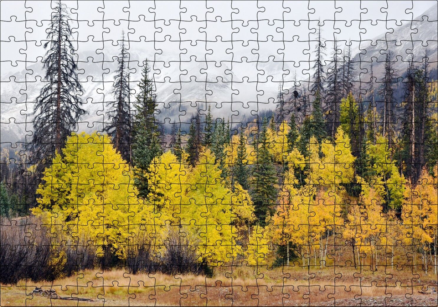 Sonbahar Rengi Ağaçlar ve Arkada Karlı Dağlar Puzzle Yapboz MDF Ahşap 255 Parça 34 cm X 49 cm