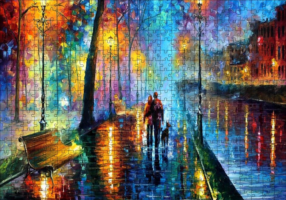 Sokak Lambaları Yürüyen Çift ve Köpek Yağlı Boya Puzzle Yapboz MDF Ahşap 500 Parça 49 cm X 68 cm