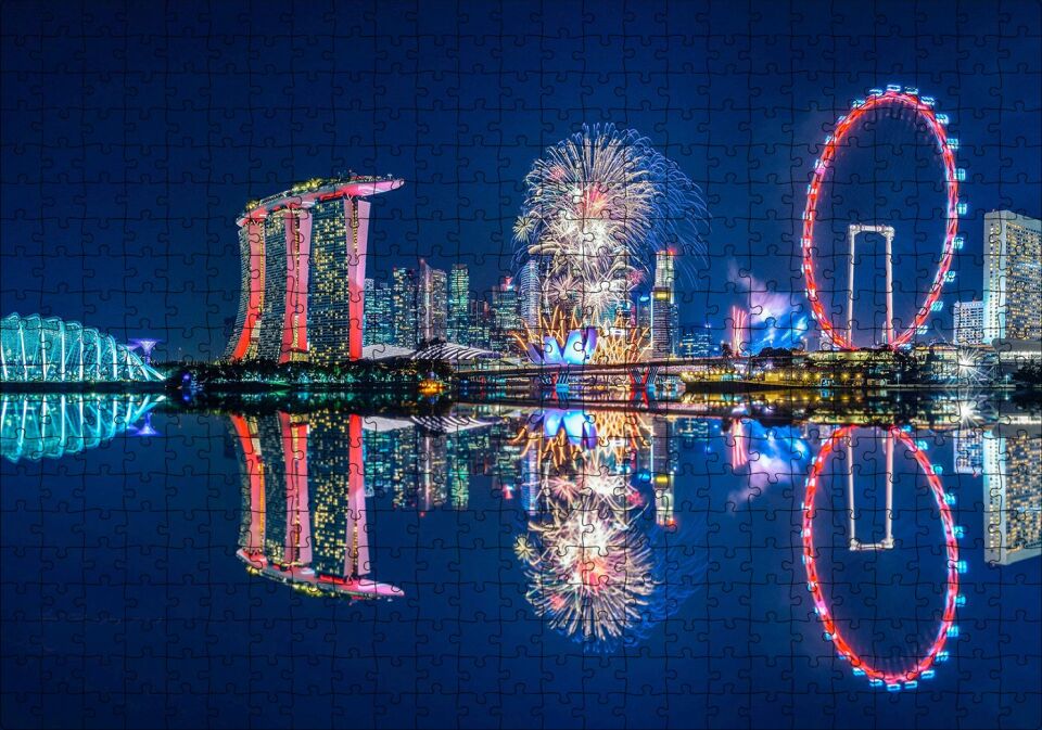 Malezya Singapur Gökdelenler ve Gece Yansımaları Puzzle Yapboz MDF Ahşap 500 Parça 49 cm X 68 cm