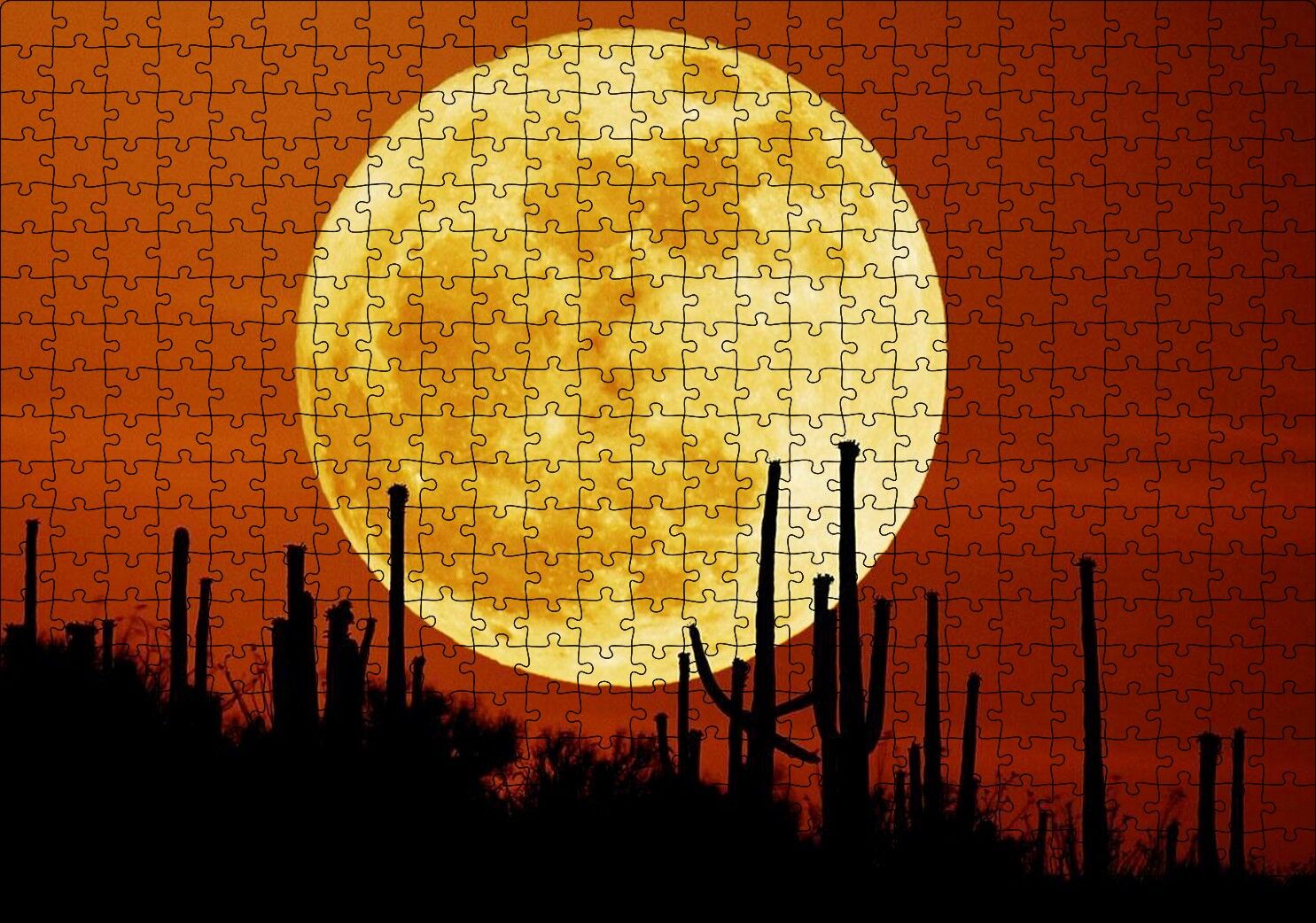 Arizona'da Kaktüsler ve Arkada Muhteşem Süper Ay Puzzle Yapboz MDF Ahşap 500 Parça 49 cm X 68 cm