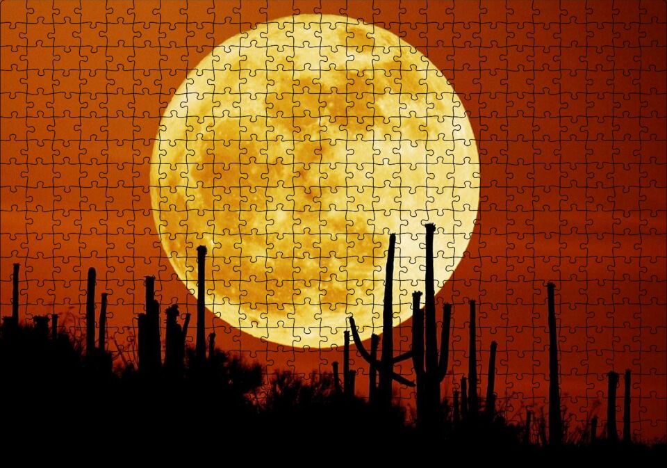 Arizona'da Kaktüsler ve Arkada Muhteşem Süper Ay Puzzle Yapboz MDF Ahşap 500 Parça 49 cm X 68 cm