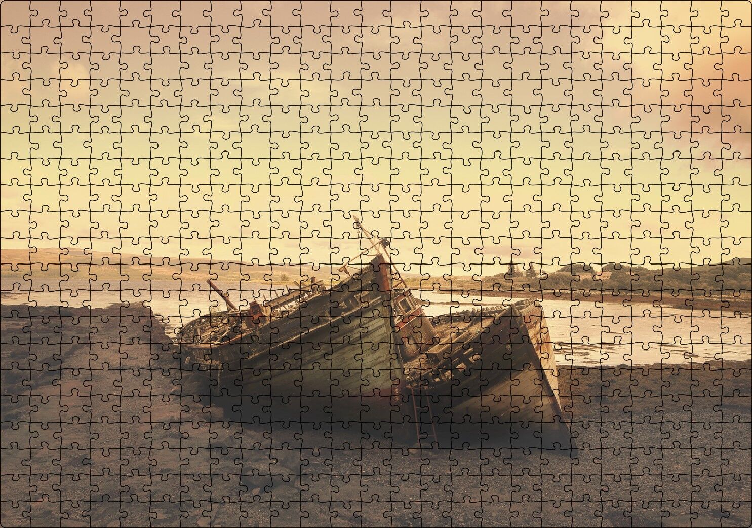 Göl Kıyısında Terkedilmiş Gemiler ve Gün Doğumu Puzzle Yapboz MDF Ahşap 500 Parça 49 cm X 68 cm