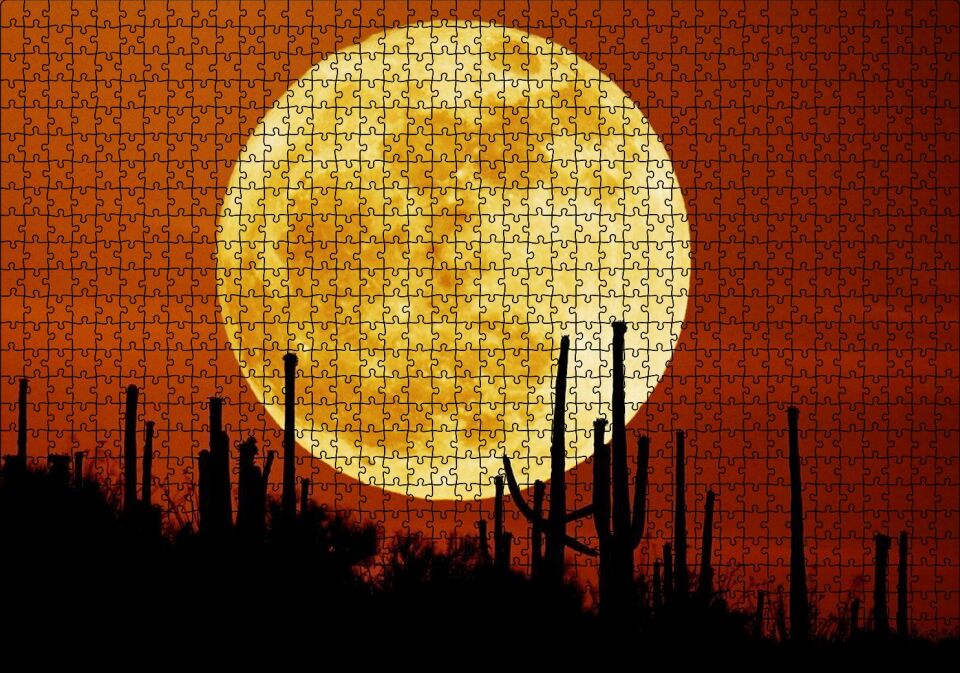 Arizona'da Kaktüsler ve Arkada Muhteşem Süper Ay Puzzle Yapboz MDF Ahşap 1000 Parça 49 cm X 68 cm