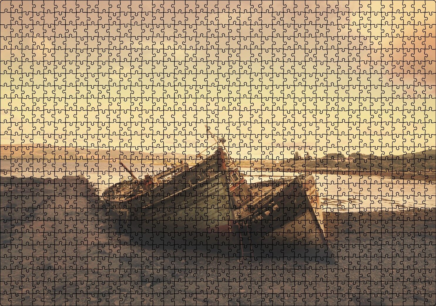 Göl Kıyısında Terkedilmiş Gemiler ve Gün Doğumu Puzzle Yapboz MDF Ahşap 1000 Parça 49 cm X 68 cm