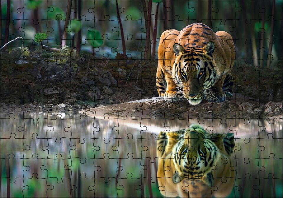 Göldeki Kaplan Yansıması Görseli Puzzle Yapboz MDF Ahşap