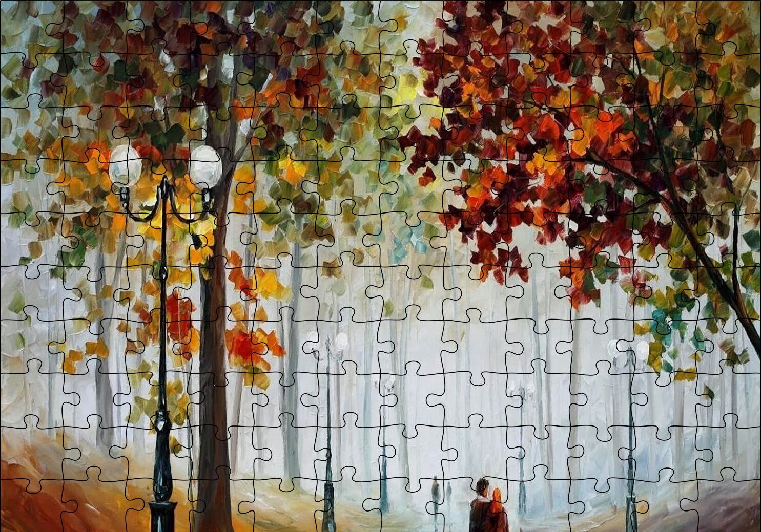 Sonbahar Ağaçlar ve Yürüyen Çiftler Yağlı Boya Puzzle Yapboz MDF Ahşap 120 Parça 24 cm X 34 cm