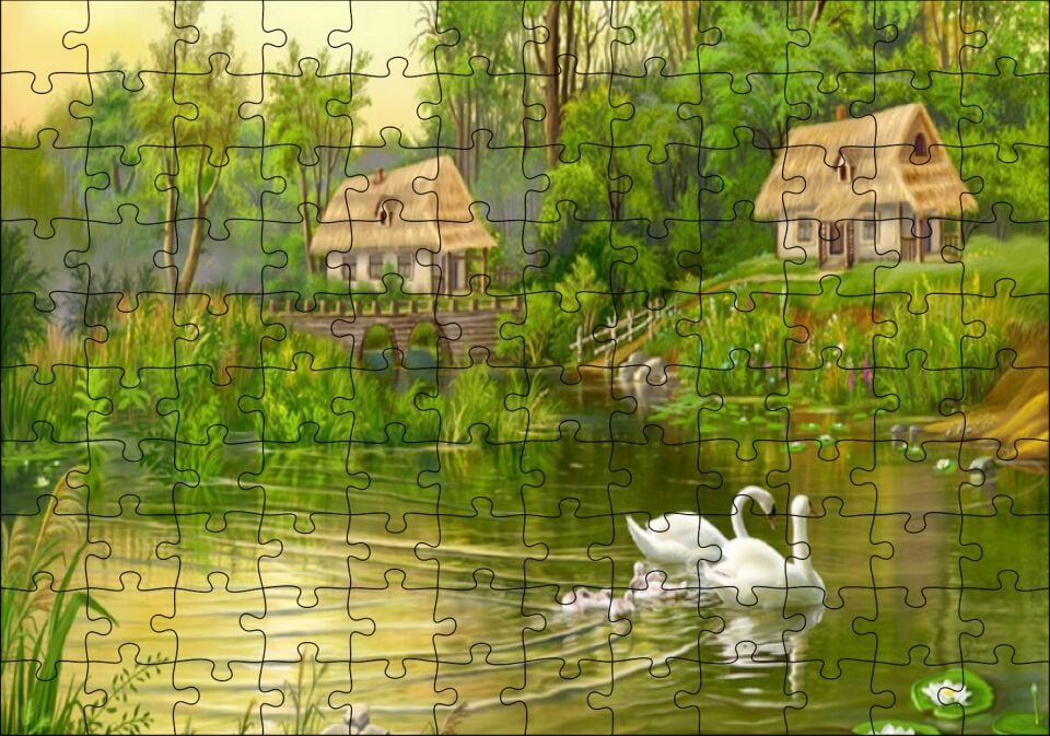 Göl Manzaralı Kulübeler ve Kuğu Çiftiyle Yavruları Puzzle Yapboz MDF Ahşap 120 Parça 24 cm X 34 cm