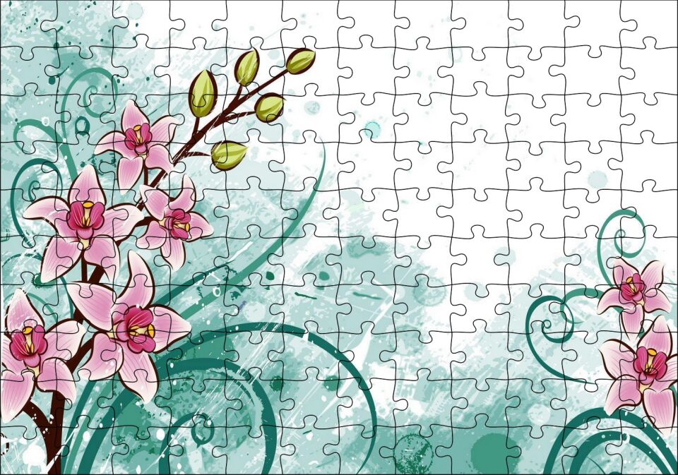 Pembe Çiçekler Yeşil Tohumlar ve Flu Desenler Puzzle Yapboz MDF Ahşap