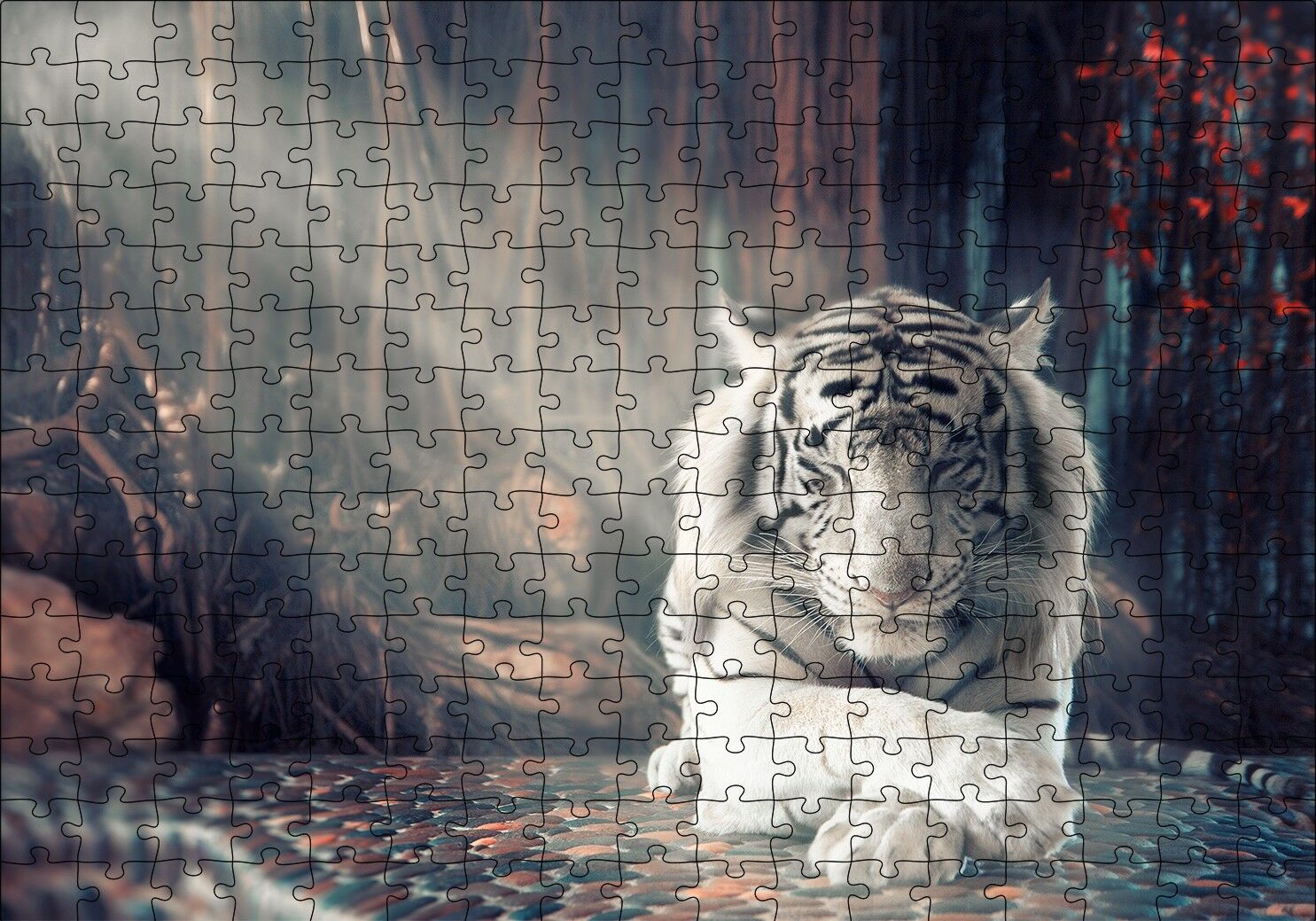 Ormanda Uyuyan Beyaz Kaplan ve Güneş Işıkları Puzzle Yapboz MDF Ahşap 255 Parça 34 cm X 49 cm
