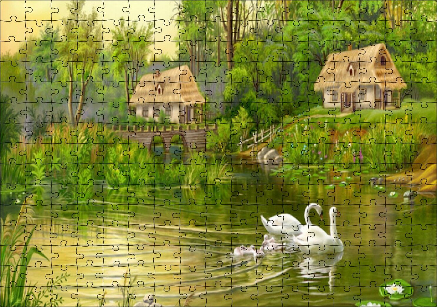 Göl Manzaralı Kulübeler ve Kuğu Çiftiyle Yavruları Puzzle Yapboz MDF Ahşap 255 Parça 34 cm X 49 cm