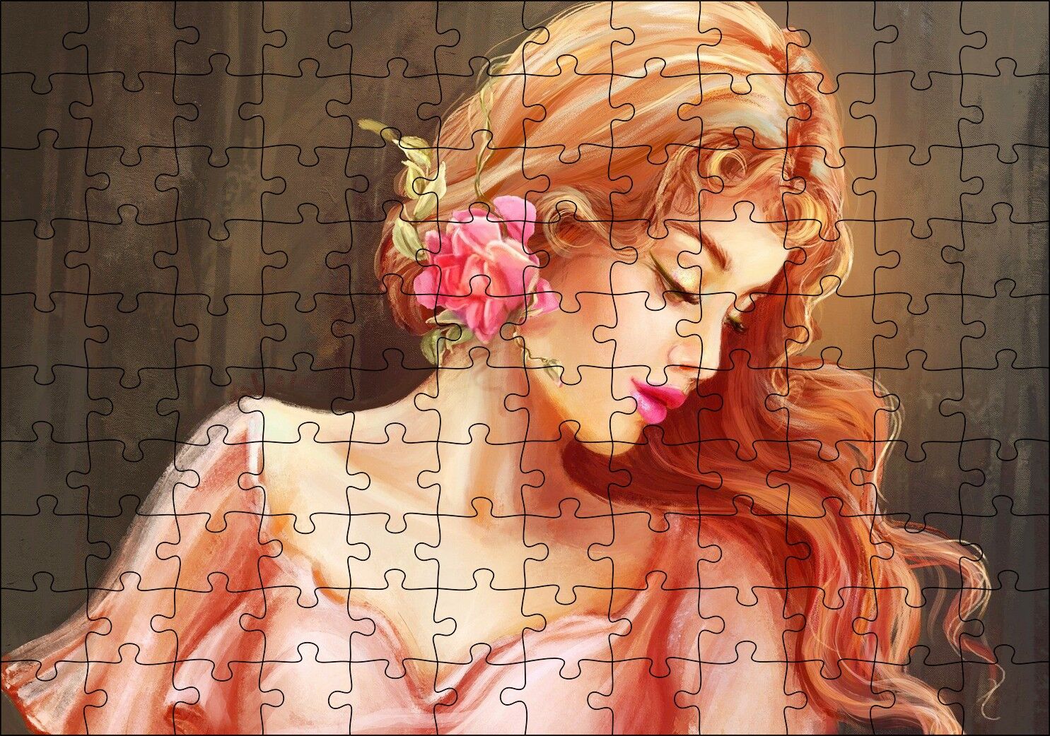 Pembe Çiçekli Bakır Saçlı Kadın Puzzle Yapboz MDF Ahşap